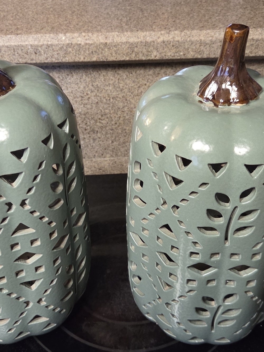 Source Unknown Sage Green Ceramic Pumpkin Lanterns with Brown Stems
